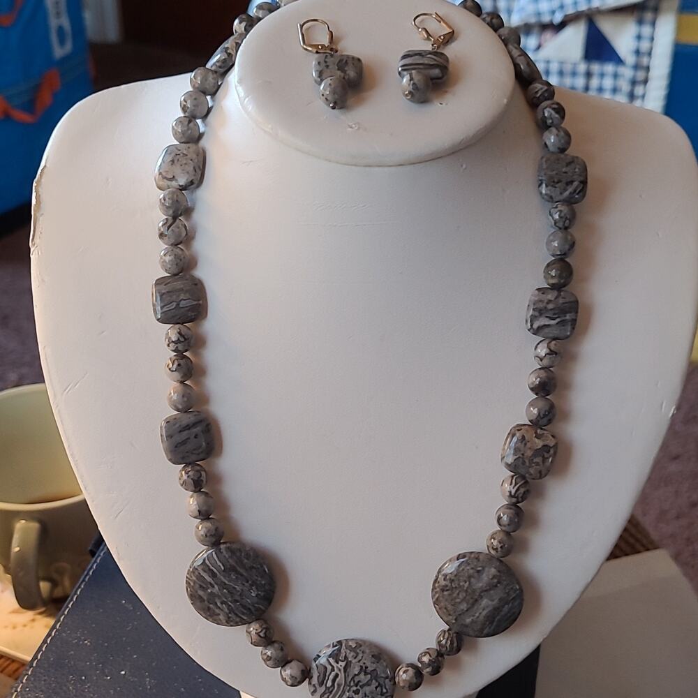 Gray Stone Bead Necklace & Dangle Earrings Jewelry Set, Gray Stone Jewelry